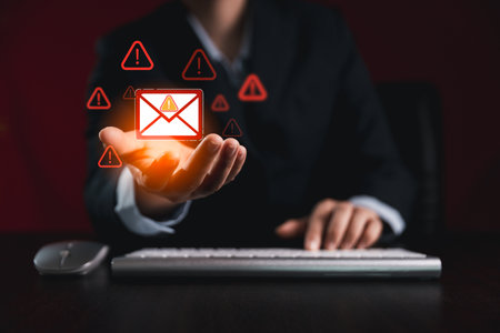 Concept of email security inbox alert, notification icon, warning spam, junk mail, virus compromise information, highlighting of protection in internet communication, modern email technology.の写真素材