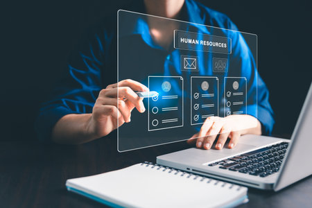 Digital recruitment is streamlining candidate selection, helping human resources management integrate employee evaluation, payroll, KPI tracking, systems for efficient recruitment, HR operations.の写真素材