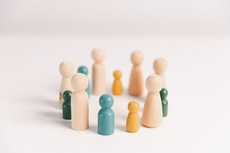 Concept of diversity, inclusion, equality is highlighted in team setup, wooden elements, symbolizing leadership, authority, influence, strong communication skills, inclusive organizational structure.の写真素材