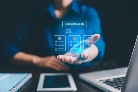 Digital recruitment is streamlining candidate selection, helping human resources management integrate employee evaluation, payroll, KPI tracking, systems for efficient recruitment, HR operations.の写真素材