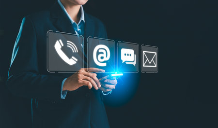 Email communication wireless technology contact us concept. connect us, contact business support team through phone, message, electronic mail using latest digital technology, online communication toolの写真素材