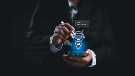 Businessman using stylus with smartphone to interact with virtual AI assistant chatbot hologram, smart technology for mobile innovation, digital communication and artificial intelligence solutions.の写真素材