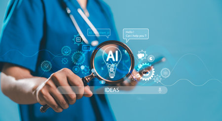 Medical innovation with AI assistant concept showing doctor using magnifying glass to highlight...