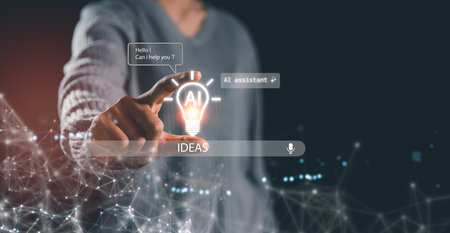 Futuristic AI assistant innovation with glowing light bulb idea icon and digital network,...