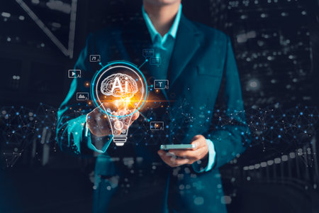 Businesswoman embraces the AI creative innovation concept, with a light bulb symbolizing artificial intelligence powering the modern digital generation of text, image, video, and audio content.の写真素材