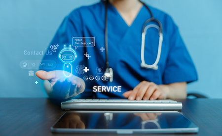 Medical professional with AI chatbot contact us icon, futuristic healthcare service technology, virtual assistant communication, digital hospital support, telemedicine innovation concept. contact usの写真素材