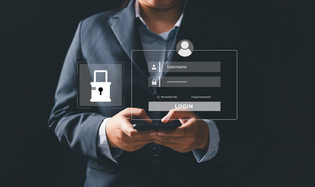 Businesswoman is securing laptop and protecting personal data through virtual interfaces, preventing...