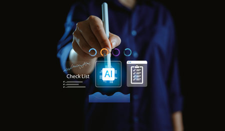Businessman touching virtual AI interface with data analytics, checklist and technology icons,...
