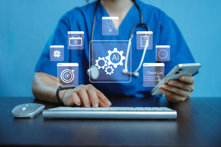 Medical professional using laptop with AI icons, checklist and healthcare technology interface, symbolizing artificial intelligence in medicine, smart data management, digital healthcare innovation.の写真素材