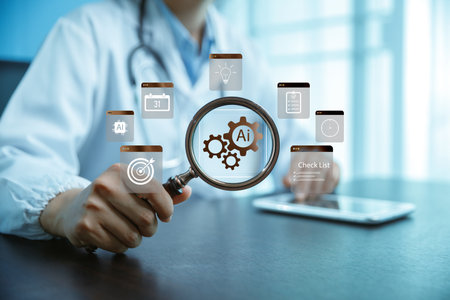 Doctor holding magnifying glass with AI icons, checklist and medical technology interface, symbolizing artificial intelligence in healthcare, smart research, data analysis and innovation. checklistの写真素材