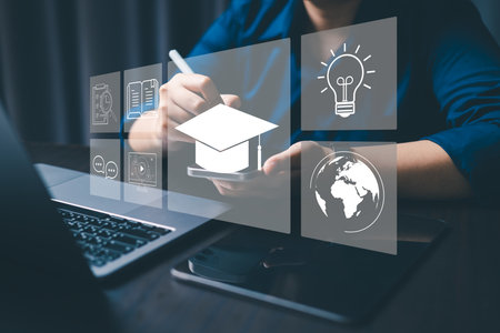 Concept of online education, training digital courses, e-learning platforms on internet supports...