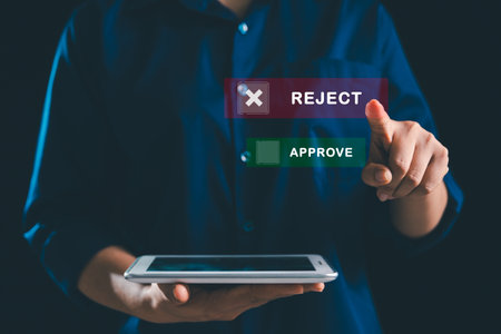 Businesswoman making rejecting decisions through modern digital interface, featuring technology-driven tools for efficient business workflow management, process control, validation corporate setting.の写真素材