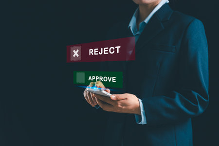 Businesswoman making rejecting decisions through modern digital interface, featuring technology-driven tools for efficient business workflow management, process control, validation corporate setting.の写真素材