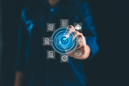 Businesswoman presents project management concept focused on quality assurance and control, featuring ISO standard guarantee marked by tick sign of approval to ensure everything is correct, certified.の写真素材