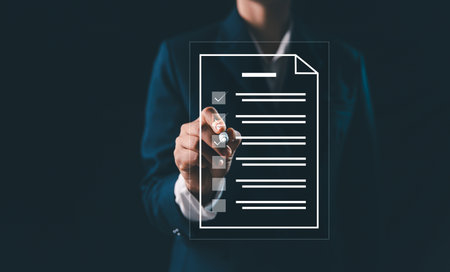 Businesswoman online survey performance review digital document system, document management software database-driven concept for efficient online document access digital filing in business operation.の写真素材