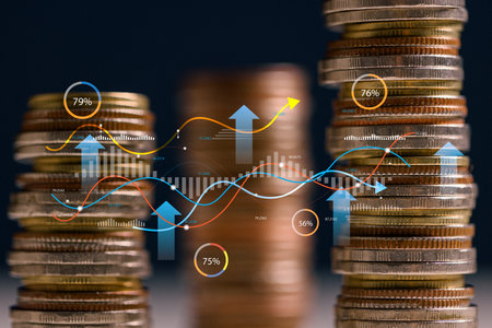 Stack of gold coins beside an upward graph and chart symbolizes business growth, market success, and profitable investment driven by strategic marketing, finance, and money management.の写真素材