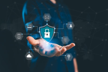 Interacts virtual interface featuring padlock icon, concept of data protection privacy under GDPR, EU regulation, cybersecurity technology secures personal information internet networks, connection.の写真素材