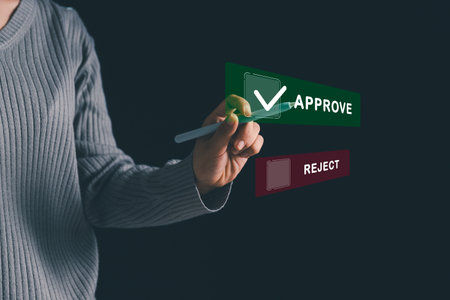 Businesswoman ticking correct mark to approve project, management concept examination, survey, technology ensure business certification standard, successfully passes inspection approved and accepted.の写真素材