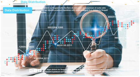 Businessperson analyzing digital data distribution chart magnifying glass highlighting scatter...