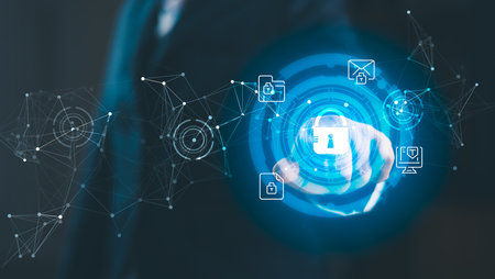 Businessman interacting digital cybersecurity interface secure network data protection encrypted communication information privacy representing advanced technology solutions modern business systemsの写真素材