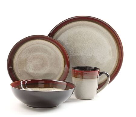 White and Red dinner set, Cookware set on white background, Antique dishware set, Ceramic teacup setの写真素材