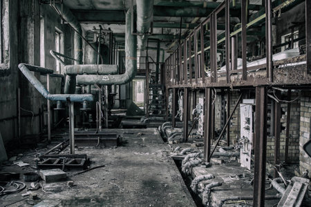 The interior of an old abandoned factoryの写真素材