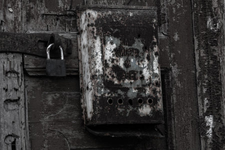 Old rusty mailbox on the door of an abandoned house
