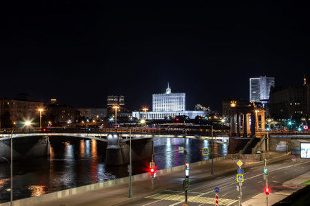 Beautiful embankment of the river at night in the city. Moscow, Russian Federation, 08.08.の写真素材