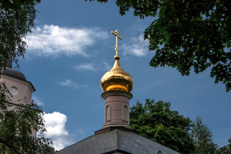 Golden dome of the church among the trees