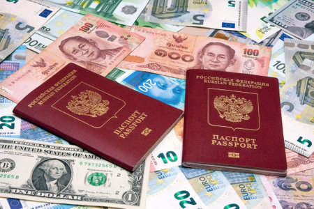 Passports are on banknotes from different countriesの写真素材