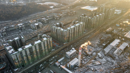 High-rise buildings in modern urban areas. Winter evening. Drone shootingのeditorial素材