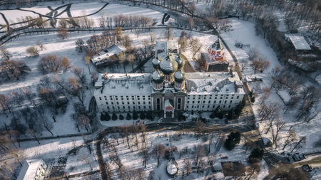 Top view of the ancient temple with domes. Historic building in the park. Snowy and beautiful winter.のeditorial素材