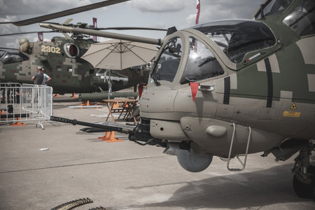 08/12/2021. Moscow. Russian Federation. Combat helicopter armament. Exhibition of military equipment.のeditorial素材