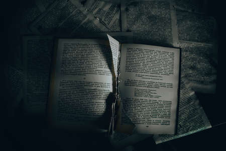 An old book with a torn page lies in an abandoned building. Gloomy atmosphere. An old book. Abandoned building.の写真素材