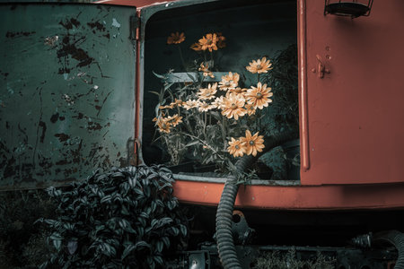 Flowers grow from an abandoned car. Beautiful and dark car. green plants. Forgotten place.