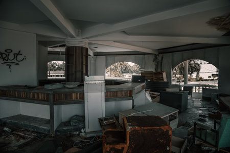 Abandoned and ruined restaurant in the middle of the city.の写真素材