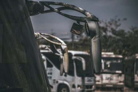 Old car in the parking lot,vintage color tone and selective focusの写真素材
