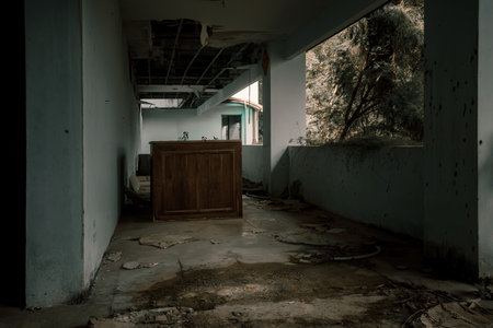 Interior of an old abandoned factory building, with a wooden door