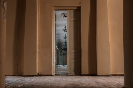 Interior view of an old building with a wooden door and columnsの写真素材