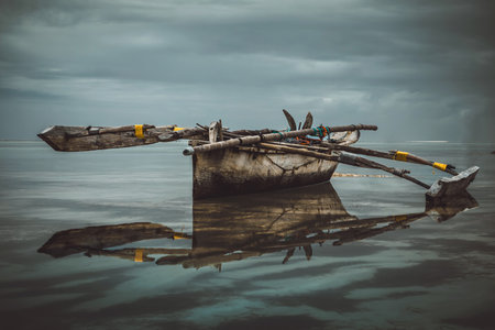 Fishing boat in the sea. Toned and Filtered image.の写真素材