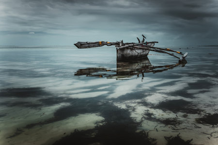 Abandoned boat on the beach of Zanzibar, Tanzaniaの写真素材