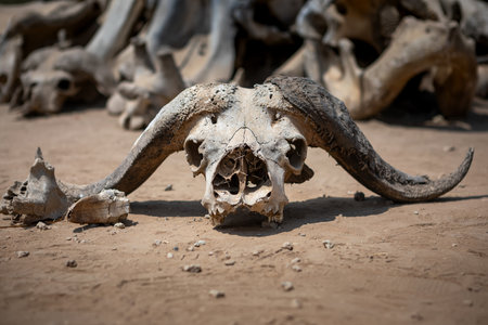 Dry skulls on the ground in the desertの写真素材