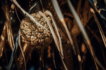 Pineapple fruit on the tree in the garden. Selective focus.の写真素材