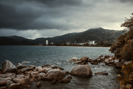 Beautiful seascape of the sea and mountains.の写真素材