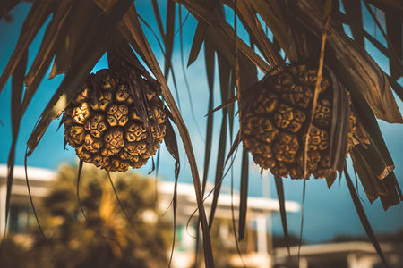 Pineapples on the palm tree. Selective focus.の写真素材