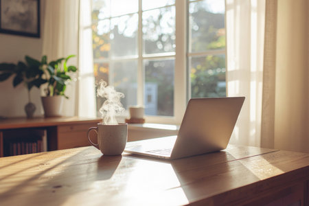 Laptop and coffee cup on wooden table in the morning light.の素材