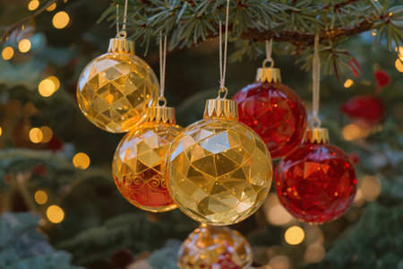 Christmas tree with golden and red balls. Christmas decorations on the Christmas tree.の素材
