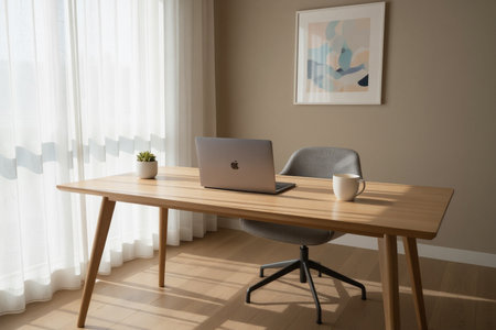 Laptop and coffee cup on wooden table in modern living room.の素材
