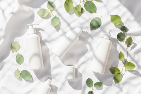 White cosmetic bottles with eucalyptus leaves on white backgroundの素材