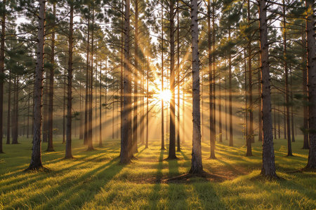 Sunset in the pine forest. Landscape with sunbeamsの素材
